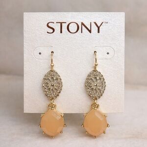 Stony Peach Drop Earrings Gold Filigree Dangle